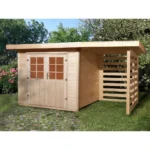 Dřevěný zahradní domek Kira 3 x 3m + 2 x 3m přístřešek