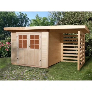 Dřevěný zahradní domek Kira 3 x 3m + 2 x 3m přístřešek